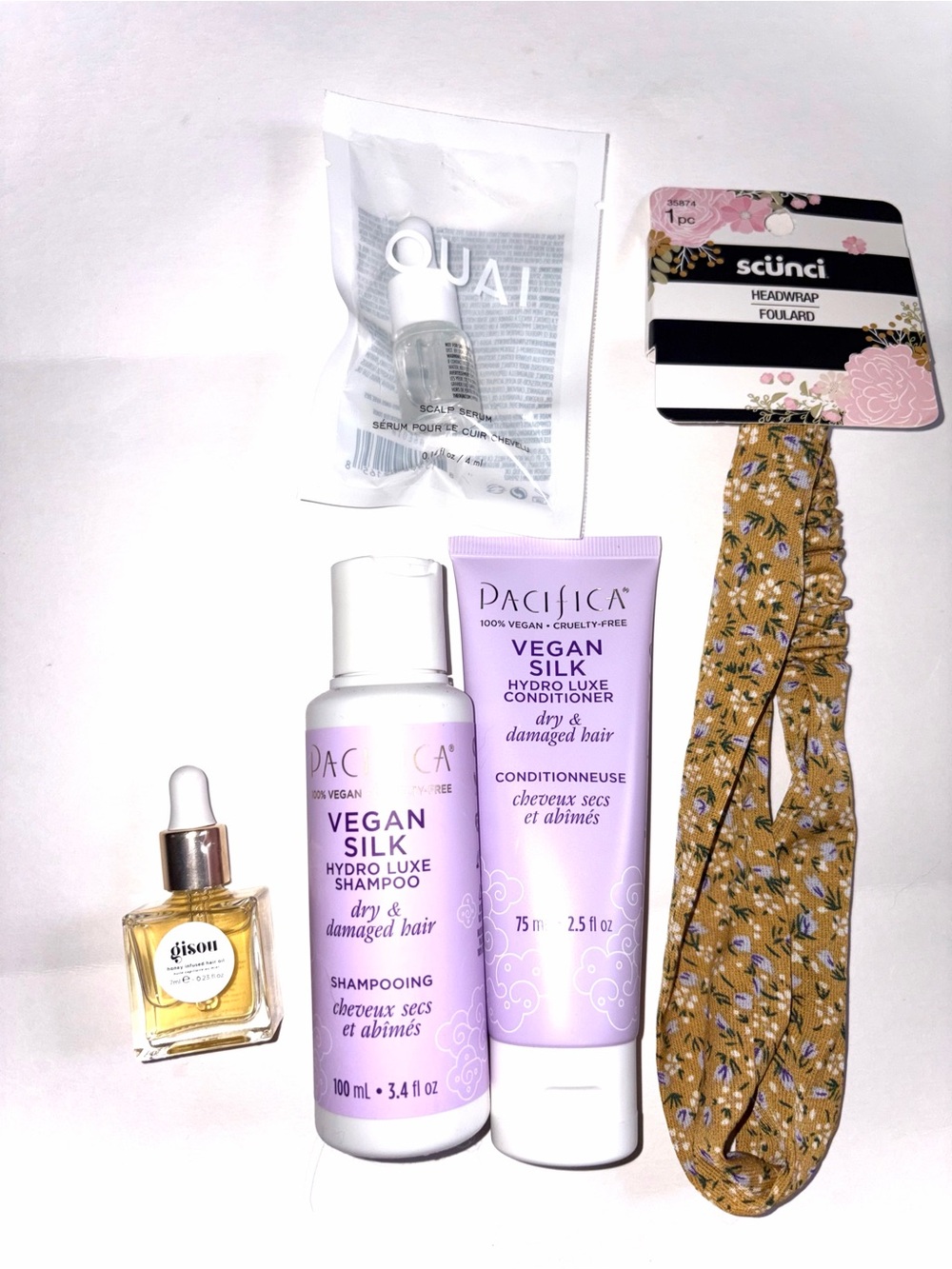 5 PC Hair Set: Pacifica Shampoo & Conditioner, Quai Scalp Oil, Gisou Hair Oil